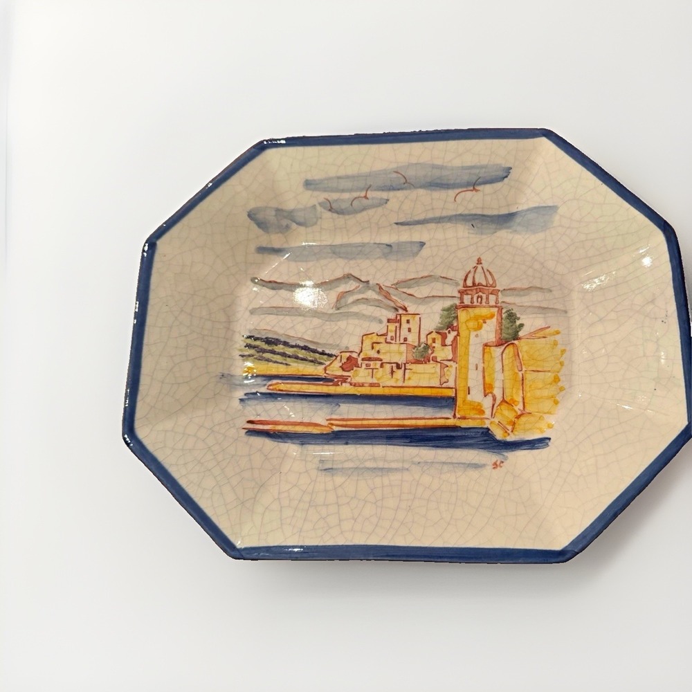 Vintage Hand Painted Portugal Ceramic Wall Plate Coastal Scene Platter Blue